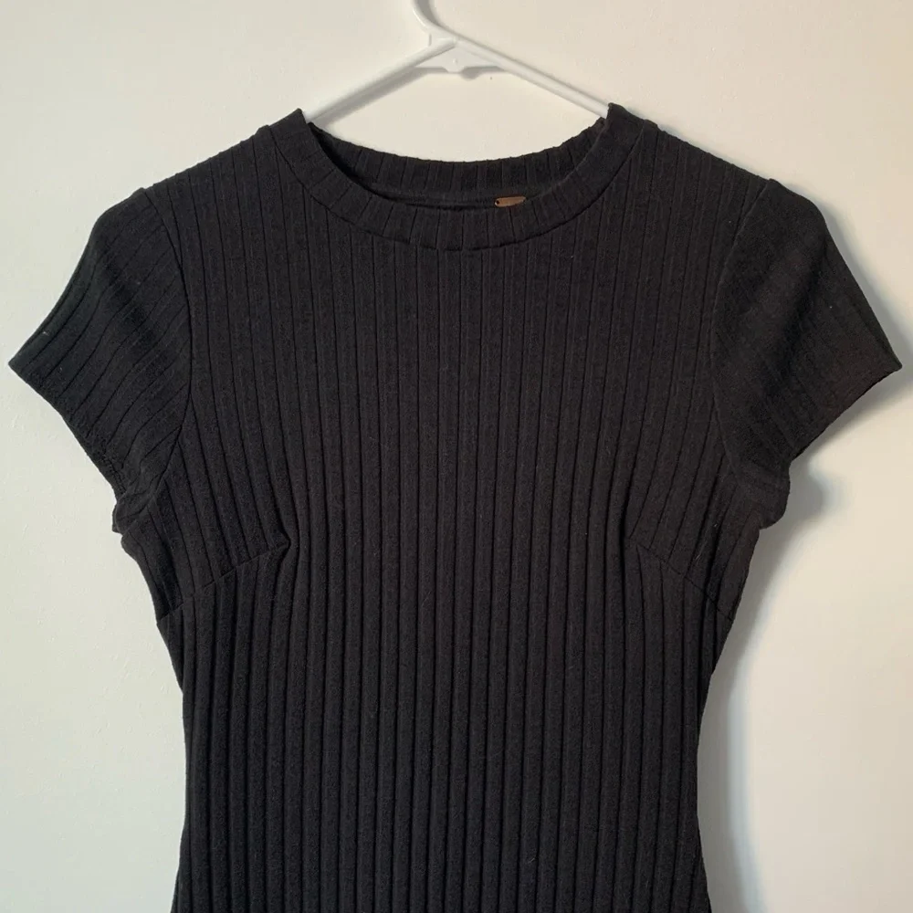Free People Black Ribbed Bodycon Dress w/ Crew Neck, Cap Sleeves, & Cut Out Back